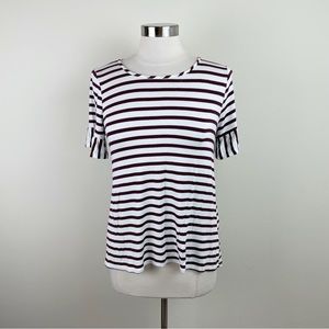 Green Envelope Brown White Stripe Short Sleeve Top Women Small
